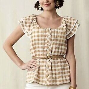 Matilda Jane Annabelle Brown and White Check Puff Sleeve Button Front Blouse NEW